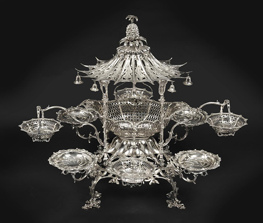 This hugely elaborate 18th-century London silver pagoda-shaped épergne is expected to make £50,000-£70,000 ($78,225-$109,500) when it is offered by Tennants in North Yorkshire on Dec. 6. Image courtesy of Tennants.